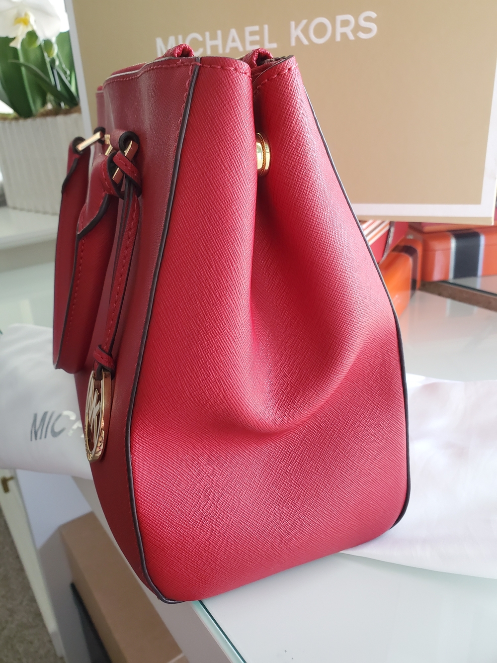 Michael Kors Red Saffiano Leather Tote Bag - Picture 6 of 14